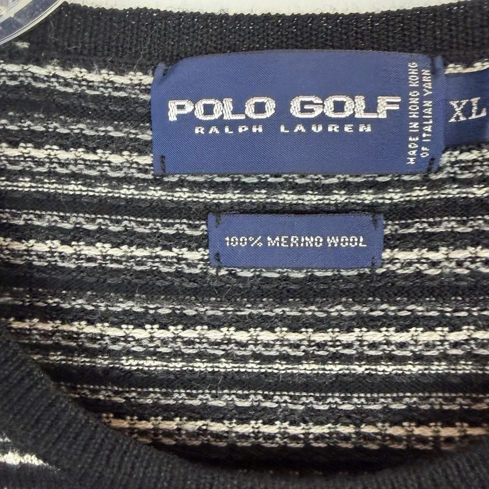 Polo Golf Ralph Lauren Sweater Men XL 100% Merino Wool Black Stripe Print Preppy